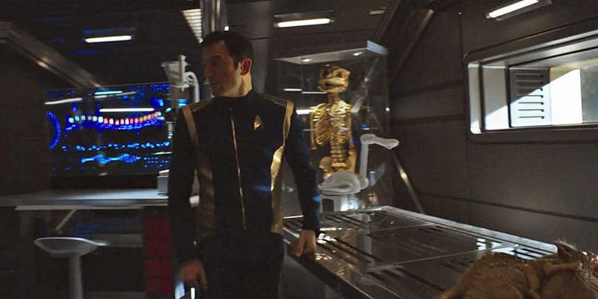 Captain Lorca's Gorn skeleton is never explicitly commented on or attended to, on Star Trek: Discovery's first season.
